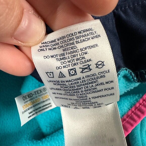 Lands End Girls XL 14-16 Fleece Pullover Colorblock Snap Neck Turquoise Pink Nav - Picture 9 of 10